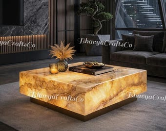 Backlit Cream Onyx Coffee Table – Square Natural Stone Centerpiece (Optional LED)