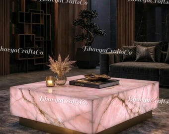 Luxury Pink Onyx Coffee Table, Natural Stone Square Center Table, Modern Gemstone Furniture