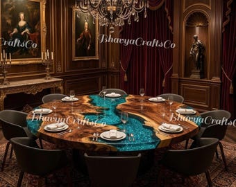 Round Walnut Epoxy River Dining Table – Turquoise Resin Statement Furniture