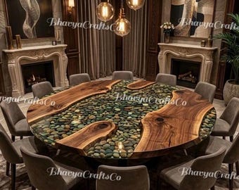 Live Edge Walnut River Dining Table, Natural Stone Epoxy Resin, Statement Furniture Piece