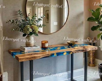 Walnut Epoxy River Console Table, Live Edge Entryway Decor, Handmade Resin Table