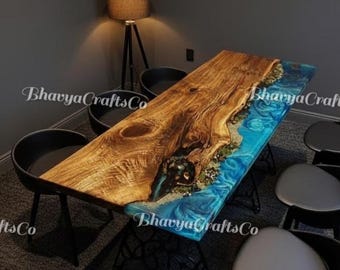Handmade Live Edge Walnut Console Table, Blue Epoxy Resin Ocean River
