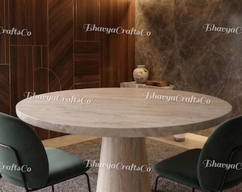 Table de salle à manger ronde en travertin fabriquée à la main, piédestal en pierre beige, meubles de cuisine modernes Mid-Centurin