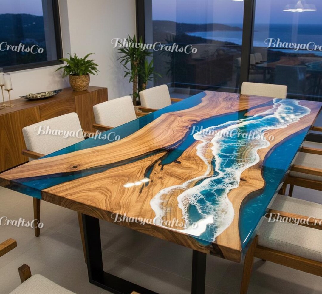 Live Edge Wood River Dining Table, Ocean Wave Blue Epoxy Resin Art - Etsy