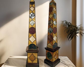 Black Marble Obelisk with Pietra Dura Inlay | Handcrafted Home Decor
