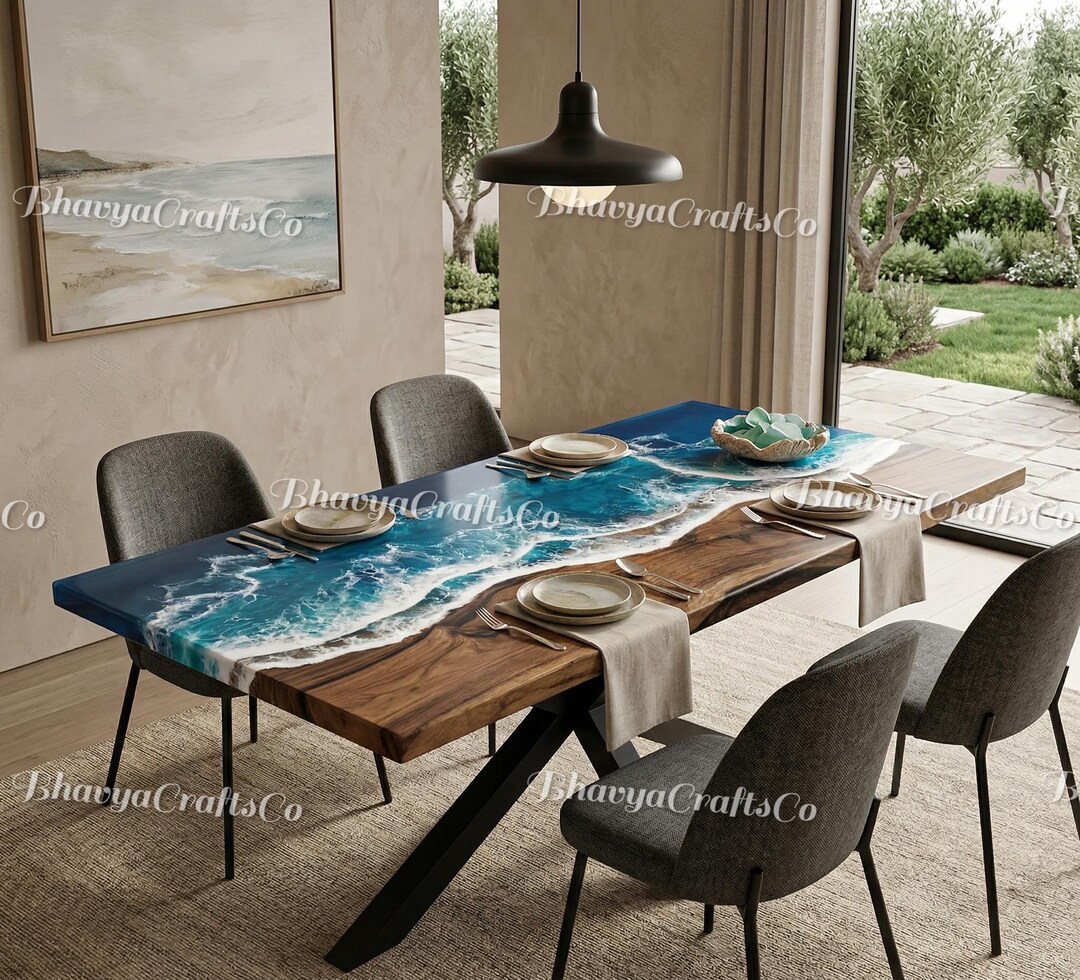Handmade Ocean Epoxy Resin Dining Table – Live Edge Blue Wave Wood ...