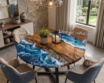 Large Round Ocean Resin Dining Table - Live Edge Wood Sea Wave Art Table - Coastal Beach Decor - Handmade Luxury Furniture