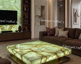 Mesa de centro de ónix verde brillante, mueble cuadrado de diseño llamativo para sala de estar con retroiluminación.