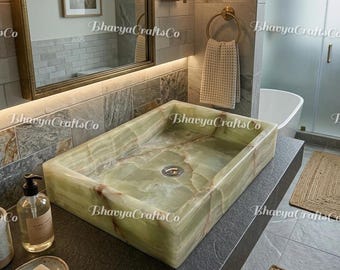 Hand-Carved Green Onyx Rectangular Vessel Sink – Natural Stone Bathroom Basin