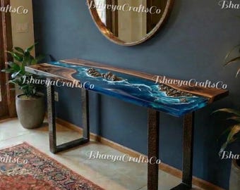 Luxury Live Edge walnut Wood Ocean Resin Console Table, Blue Epoxy River Entryway Table