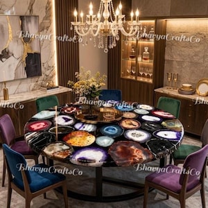Multicolor Agate Dining Table, Round Gemstone Coffee Table, Luxury Custom Dining Table, Geode Slice Table, Crystal Inlay Furniture, Epoxy