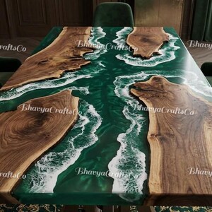 Emerald Green Epoxy River Dining Table, Live Edge Walnut, Ocean Wave Resin Furniture image 2