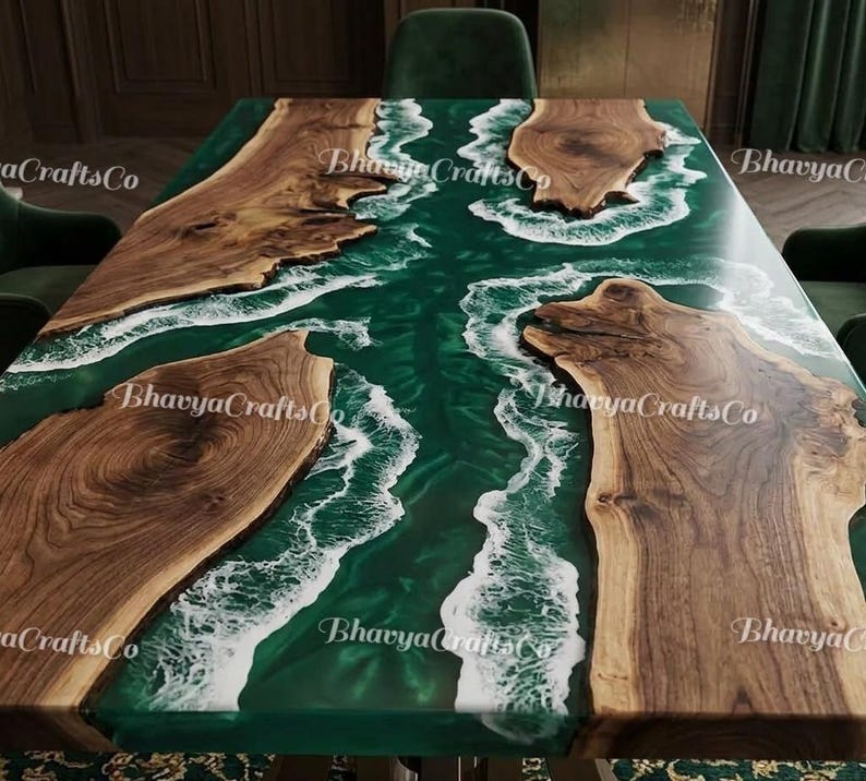 Emerald Green Epoxy River Dining Table, Live Edge Walnut, Ocean Wave Resin Furniture image 2