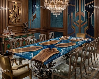 Live Edge Walnut Ocean Wave Epoxy Dining Table, Deep Sea Resin Art Furniture