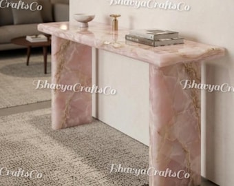 Pink Onyx Console Table, Natural Stone Hallway Furniture, Modern Entryway Accent Piece