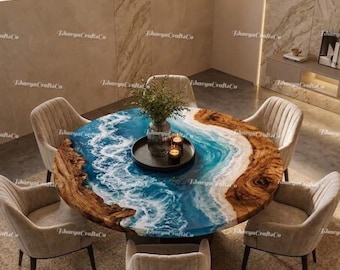 Mesa de comedor redonda de resina con diseño de olas marinas, mesa de madera de acacia con resina epoxi, muebles de comedor de lujo personalizados, mesa de madera con borde natural y diseño de olas marinas.