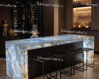 Backlit Blue Onyx Kitchen Island Top – Translucent Gemstone Bar Table, Waterfall Edge