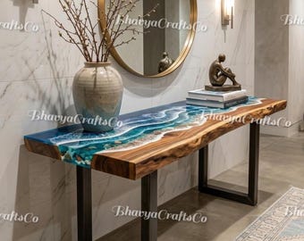 Ocean Wave Epoxy Resin Console Table, Live Edge Walnut Hallway Furniture