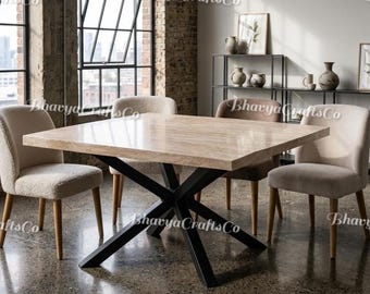 Table à manger carrée en travertin, meubles de cuisine en pierre naturelle, piédestal minimaliste crème