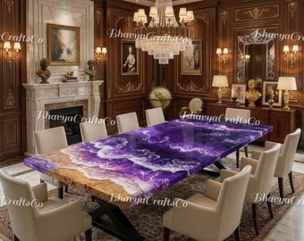 Handmade Purple Epoxy Resin Ocean Table, Live Edge Wood Dining Table, Amethyst Purple River Table, Luxury Statement Furniture