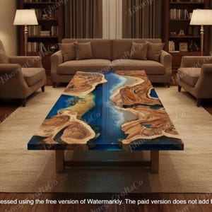May include: A rectangular coffee table with a blue epoxy river design and natural wood edges. The table has a light brown base and is placed on a beige rug. The table's dimensions are approximately 60 inches long and 30 inches wide.