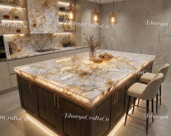 Plan de travail rétro-éclairé en onyx crème, dalle d'îlot de cuisine en pierre naturelle faite main