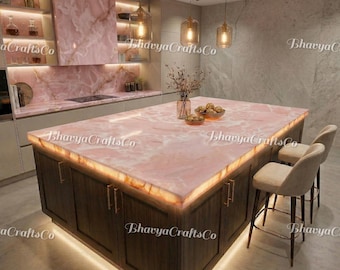 Comptoir d'îlot de cuisine fait main en onyx rose, dalle de pierre naturelle rétro-éclairée de luxe