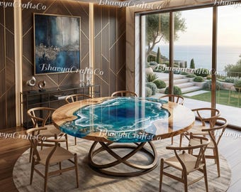 Round Live Edge Wood Ocean Resin Dining Table, Blue Epoxy River Conference Furniture