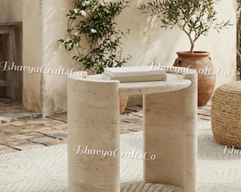 Hand-Carved Travertine Side Table, Round Natural Stone Nightstand, Luxury Pedestal End Table, Minimalist Beige Marble Accent Table, Modern