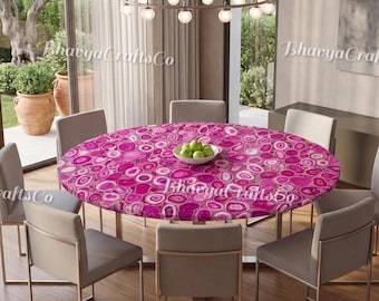 Handgjort runt matbord i rosa agat, soffbordsskiva i naturlig ädelsten