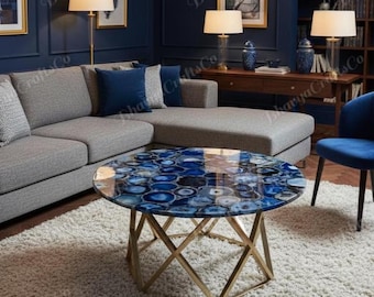Handmade Blue Agate Stone-Look Coffee Table Top | Round Resin Center Table
