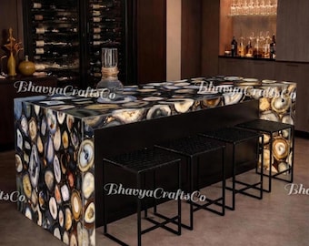 Comptoir en agate rétroéclairé - Plateau de bar en pierres semi-précieuses naturelles, table à manger personnalisée