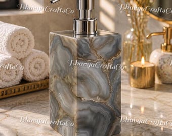 Dispensador de jabón de ágata gris, piedra natural de lujo, bomba de piedra preciosa hecha a mano, elegante decoración de tocador.