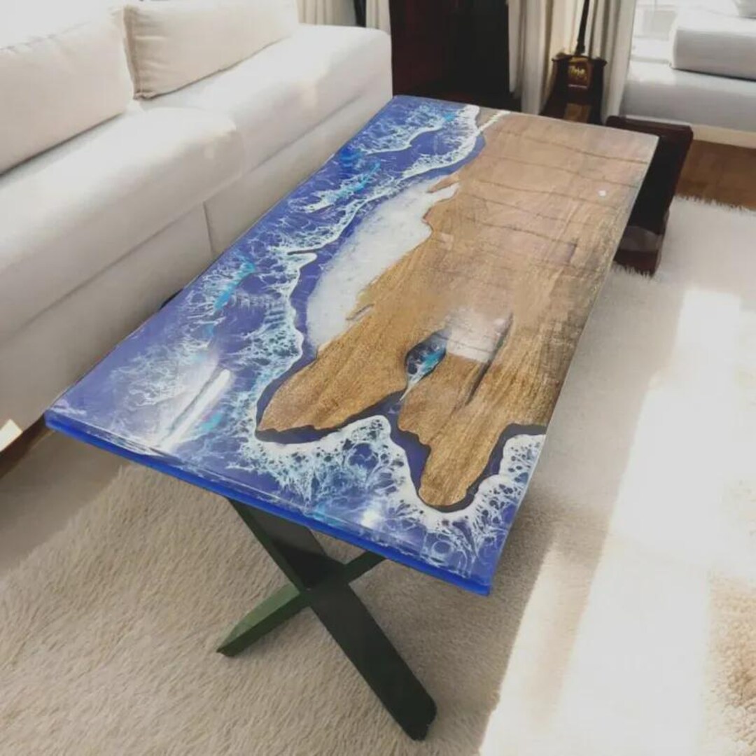 Handmade Ocean Wave Epoxy Resin Table: Live Edge Wood River Coffee ...