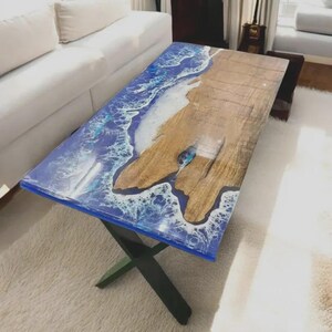 Handmade Ocean Wave Epoxy Resin Table: Live Edge Wood River Coffee Table
