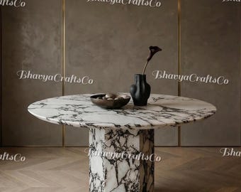 Calacatta Viola Marble Coffee Table - Round Handcrafted Center Table with Fluted Pedestal Base, Luxury Italian Stone Furniture