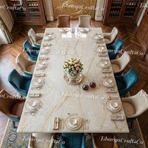 Puede incluir: Una gran mesa de comedor rectangular con una tapa de mármol color crema, preparada para una comida formal. La mesa está rodeada de sillas tapizadas en varios colores. Un centro de mesa floral y cristalería son visibles.