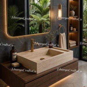Handcrafted Travertine Stone Sink - Rectangular Beige Vessel Basin, Luxury Minimalist Bathroom Vanity Decor, Natural Stone Wash Basin for Ho
