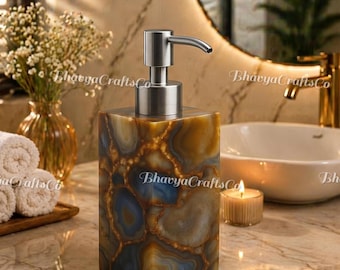 Natural Blue Golden Agate Soap Dispenser, Handcrafted Gemstone Bathroom Decor, Crystal Soap Pump