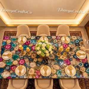 Multi Color Agate Dining Table Top, Handcrafted Gemstone Mosaic Table, Luxury Stone Furniture, Crystal Dining Table, Live Edge Agate Slab