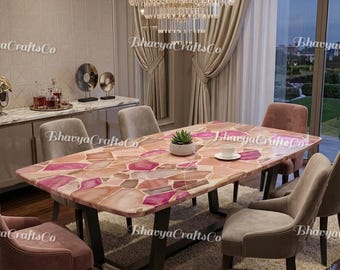 Luxury Pink Agate Coffee Table, Handmade Natural Stone Center Table, Modern Rose Quartz Agate Dining Table, Bespoke Gemstone Furniture, High
