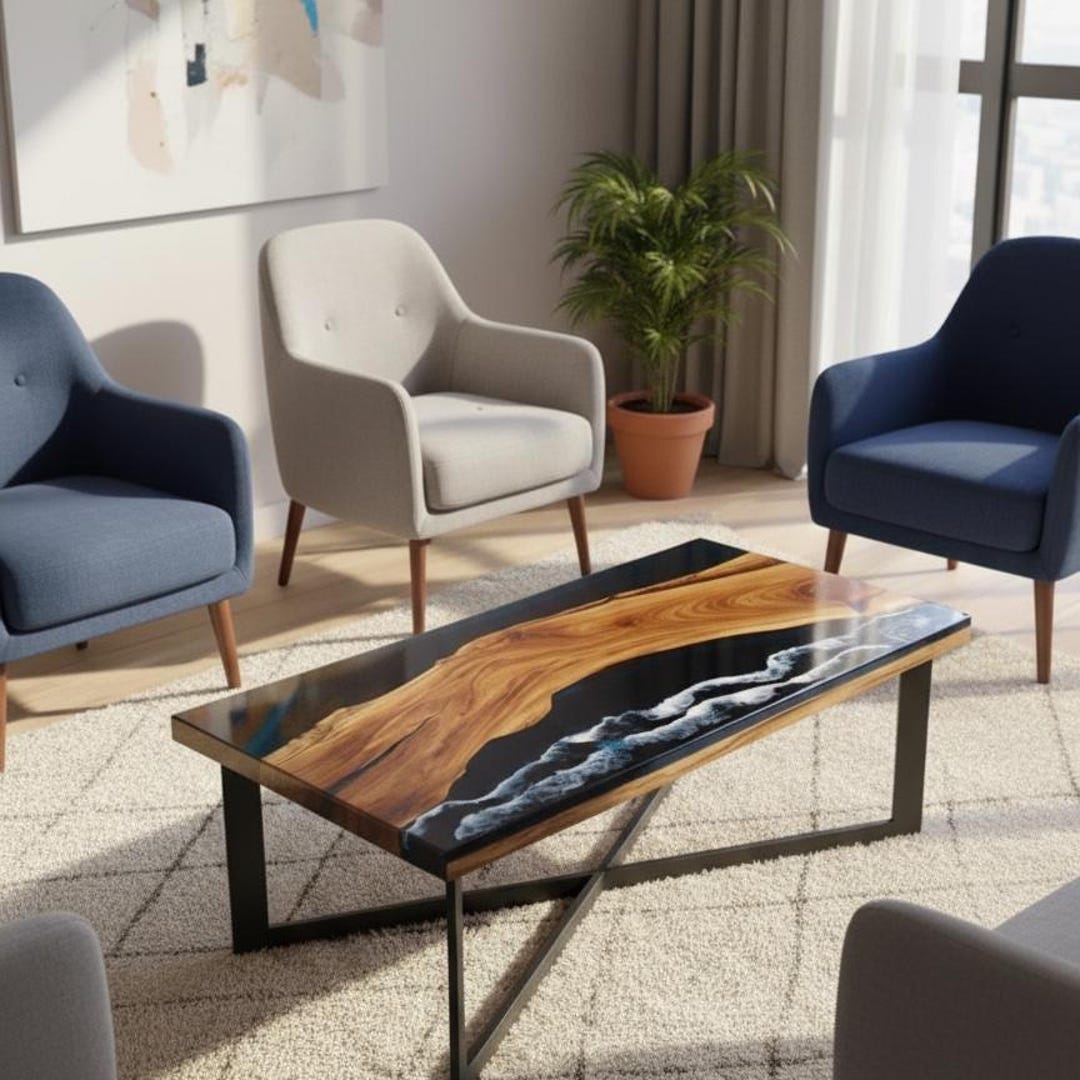 Handmade Blue Ocean Epoxy Acacia Wood Dining Table: Live Edge Resin ...