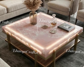 Pink Onyx Coffee Table, Natural Stone Centerpiece, Backlit Luxury Living Room Furniture
