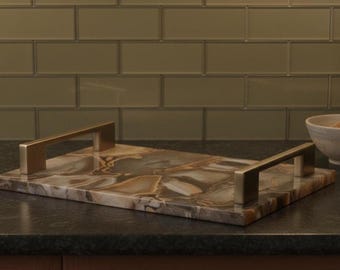 Natural Agate Tray with Handles | Gemstone Serving Platter (12"x8")