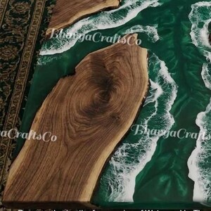 Emerald Green Epoxy River Dining Table, Live Edge Walnut, Ocean Wave Resin Furniture image 4