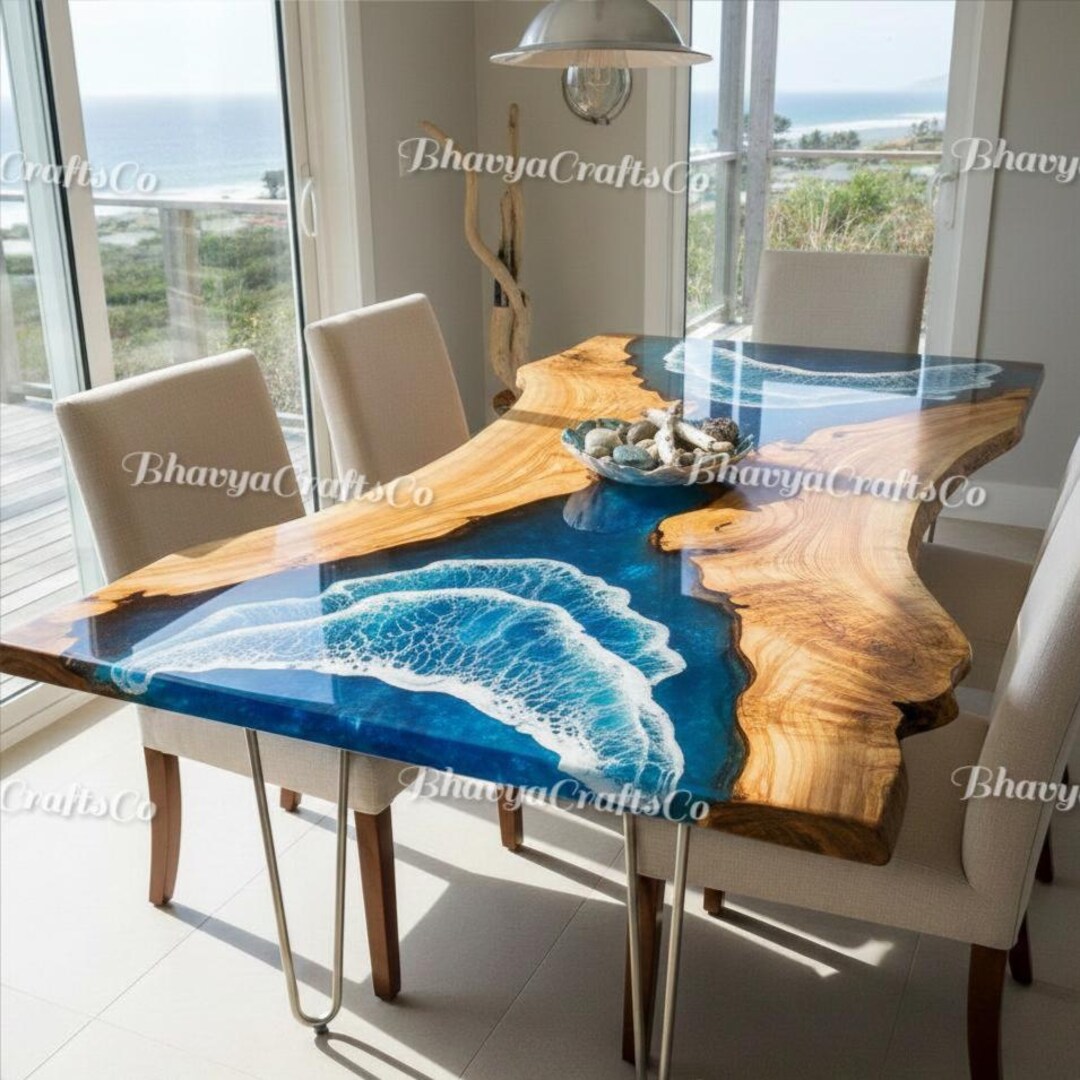 Ocean Epoxy Resin Dining Table Top, Live Edge Wood, Beach House Decor ...