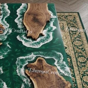 Emerald Green Epoxy River Dining Table, Live Edge Walnut, Ocean Wave Resin Furniture image 3