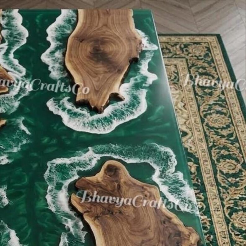 Emerald Green Epoxy River Dining Table, Live Edge Walnut, Ocean Wave Resin Furniture image 3