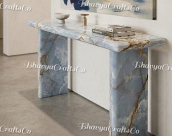 Modern Blue Onyx Console Table, Minimalist Stone Entryway Furniture, Handmade Gemstone Statement Piece