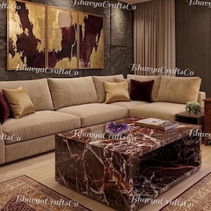 Rosso Levanto Marble Coffee Table | Modern Rectangular Plinth Center Table | Luxury Red Marble Low Profile Table | Minimalist Stone Living